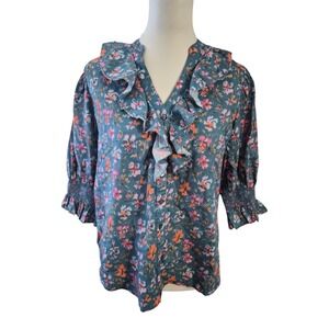 Sundance Catalog Women's Jeanie Ruffle Top Blouse Blue Floral Size XS Oversized